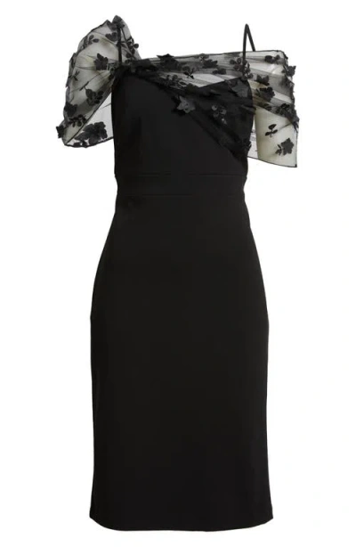 Eliza J Floral Beaded Appliqué Mesh Overlay Cocktail Dress In Black