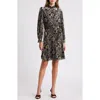 Eliza J Floral Burnout Belted Long Sleeve Dress In Black Silver
