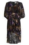 Eliza J Floral Burnout Velvet Puff Sleeve Midi Dress In Multi