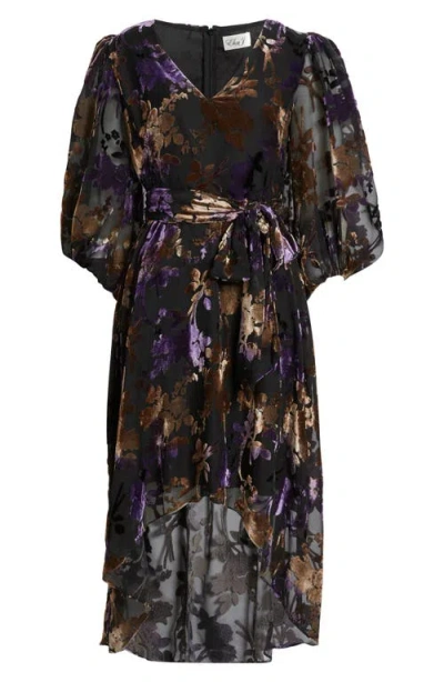 Eliza J Floral Burnout Velvet Puff Sleeve Midi Dress In Multi