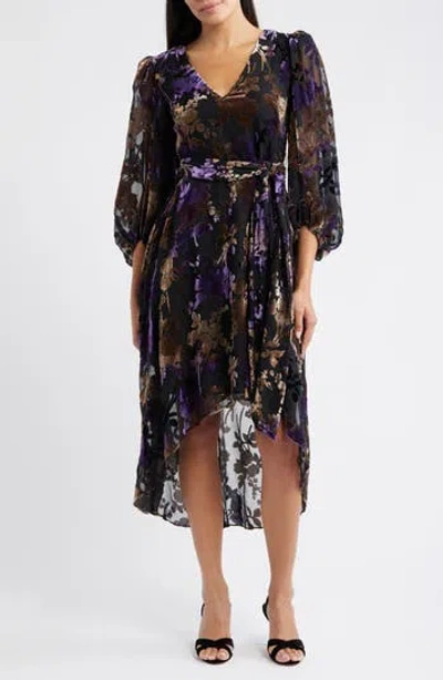 Eliza J Floral Burnout Velvet Puff Sleeve Midi Dress In Purple