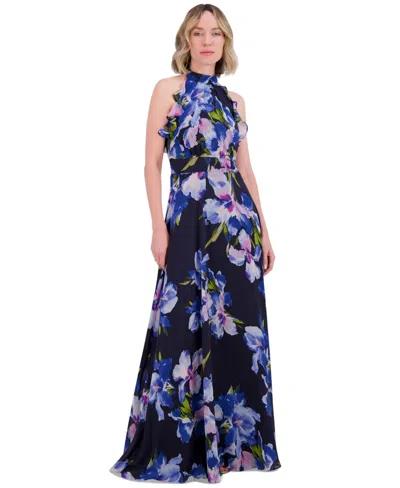 Eliza J Floral Chiffon Ruffled Halter Maxi Dress In Navy Multi