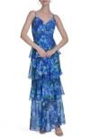 Eliza J Floral Clip-dot Chiffon Gown In Cobalt