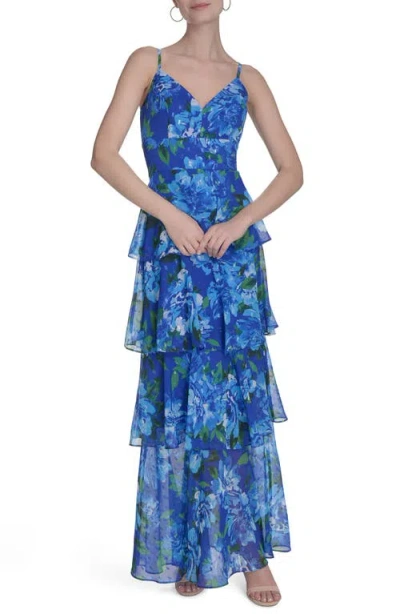 Eliza J Floral Clip-dot Chiffon Gown In Cobalt