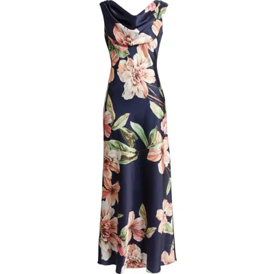Eliza J Floral Cowl Neck Satin Gown In Blue
