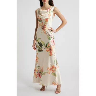 Eliza J Floral Cowl Neck Satin Gown In Multi