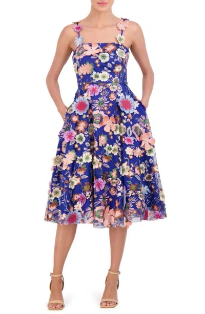 Eliza J Floral Embroidered Appliqué Cocktail Dress In Cobalt