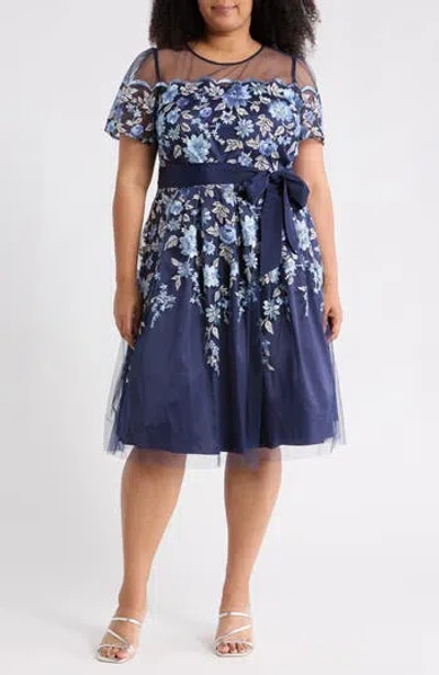 Eliza J Floral Embroidered Illusion Short Sleeve Cocktail Dress In Blue