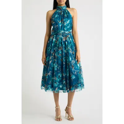 Eliza J Floral Embroidered Midi Cocktail Dress In Blue