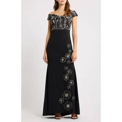 Eliza J Floral Embroidered Off The Shoulder Trumpet Gown In Black