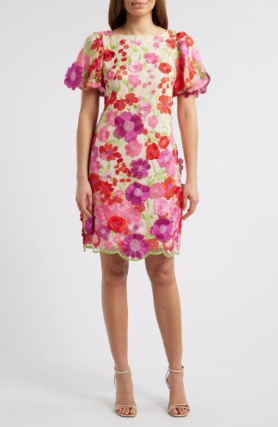 Eliza J Floral Embroidered Puff Sleeve Cocktail Dress In Pink