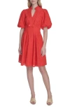 Eliza J Floral Embroidered Puff Sleeve Cotton Fit & Flare Dress In Red
