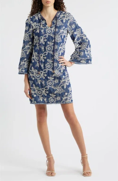 Eliza J Floral Embroidered Split Neck Shift Dress In Multi