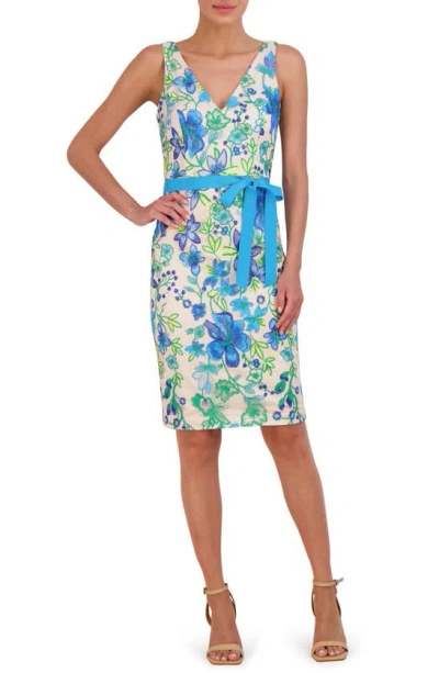 Eliza J Floral Embroidery Cocktail Sheath Dress In Cobalt Multi