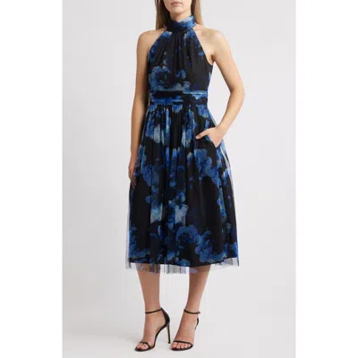 Eliza J Floral Fit & Flare Ilusion Lace Midi Dress In Navy