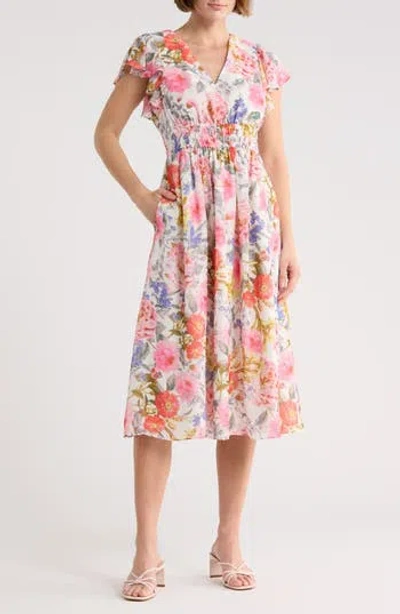 Eliza J Floral Flutter Sleeve Chiffon Midi Dress In Multi