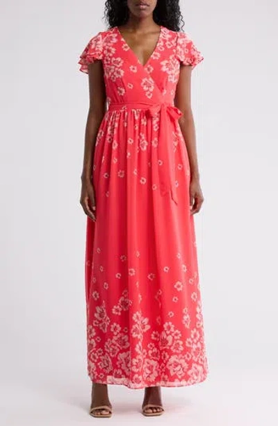 Eliza J Floral Flutter Sleeve Faux Wrap Maxi Dress In Coral