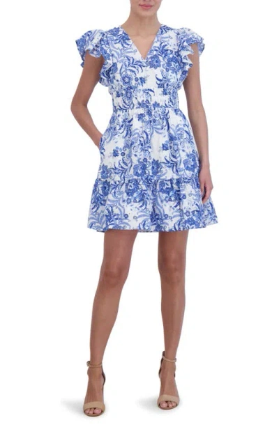 Eliza J Floral Flutter Sleeve Fit & Flare Cotton Dress In Ivory Blue