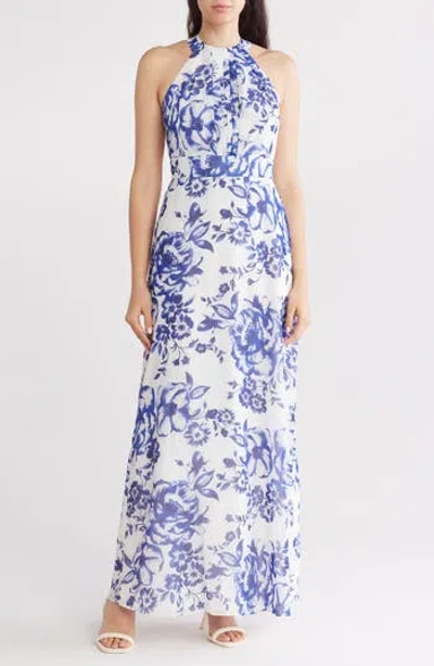 Eliza J Floral Halter Maxi Dress In Ivory Blue