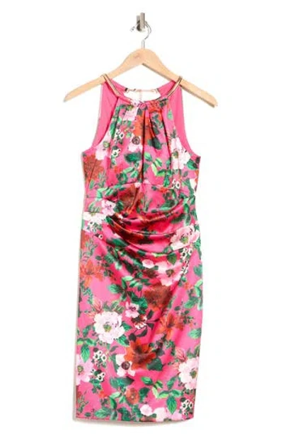 Eliza J Floral Halter Neck Pleated Satin Sheath Dress In Multi