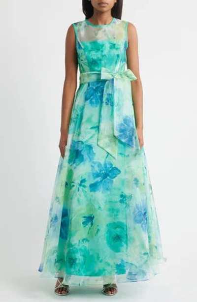 Eliza J Floral Illusion Neck Organza Ballgown In Green