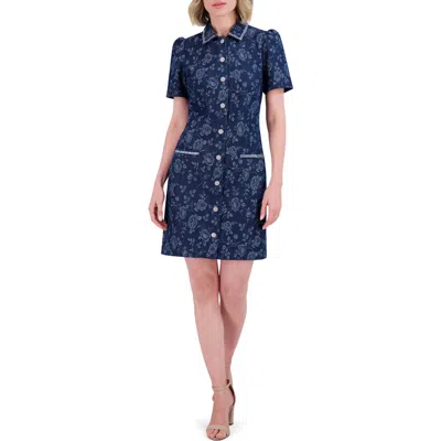 ELIZA J ELIZA J FLORAL JACQUARD BEAD DETAIL DENIM SHIRTDRESS