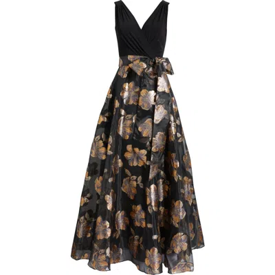 Eliza J Floral Jacquard Faux Wrap Ballgown In Black Gold | ModeSens