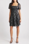 Eliza J Floral Lace Short Sleeve Fit & Flare Dress In Black