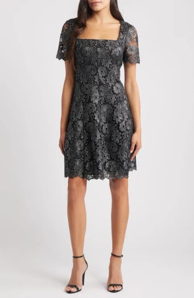 Eliza J Floral Lace Short Sleeve Fit & Flare Dress In Black