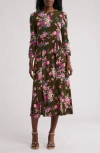 Eliza J Floral Long Sleeve Midi Dress In Olive