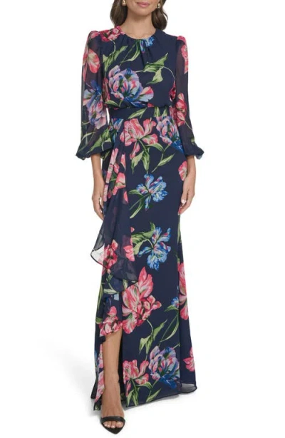 Eliza J Floral Long Sleeve Ruffle Chiffon Dress In Multi