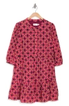 Eliza J Floral Medallion 3/4 Sleeve Ruffle Dress In Magenta