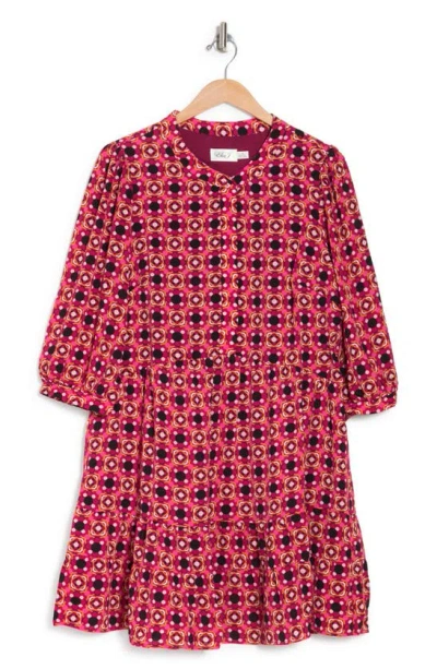 Eliza J Floral Medallion 3/4 Sleeve Ruffle Dress In Magenta