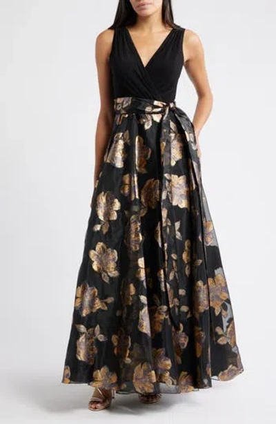 Eliza J Floral Metallic Sleeveless Mixed Media Ballgown In Multi