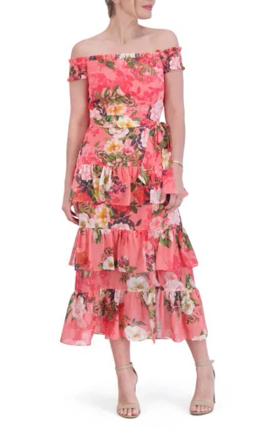 Eliza J Floral Off The Shoulder Tiered Midi Dress In Coral