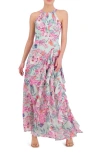 ELIZA J FLORAL PRINT ASYMMETRIC RUFFLE SLEEVELESS MAXI DRESS