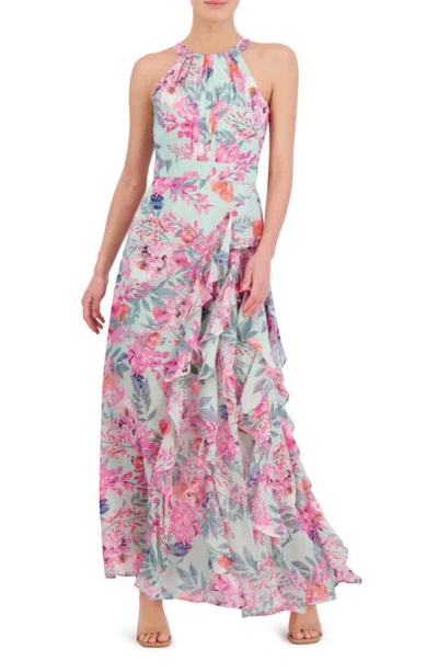 Eliza J Floral Print Asymmetric Ruffle Sleeveless Maxi Dress In Mint