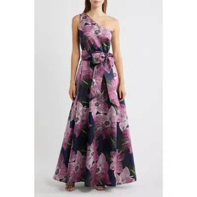 Eliza J Floral Print One-shoulder Ballgown In Purple