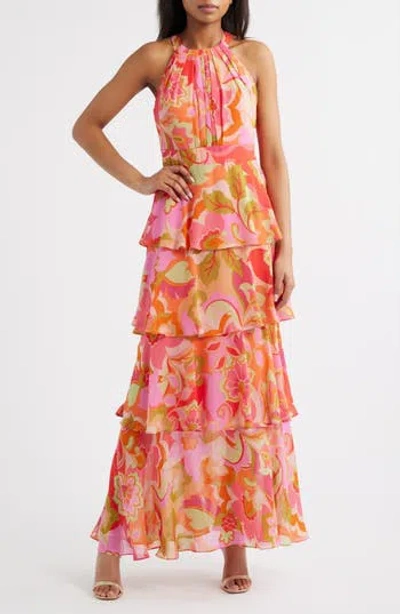 Eliza J Floral Print Tiered Ruffle Sleeveless Maxi Dress In Pink