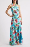 Eliza J Floral Print Twist Neck Gown In Aqua