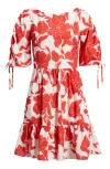 Eliza J Floral Puff Sleeve Dress In Ivory Red