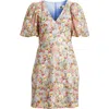 Eliza J Petite V-neck Puff-sleeve Embroidered Dress In Ivory Multi
