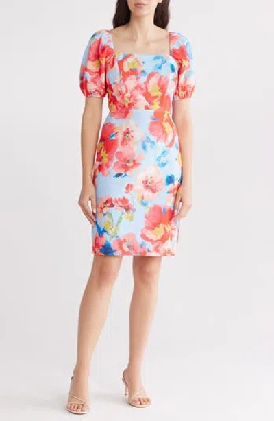 Eliza J Floral Puff Sleeve Sheath Dress In Peri Multi