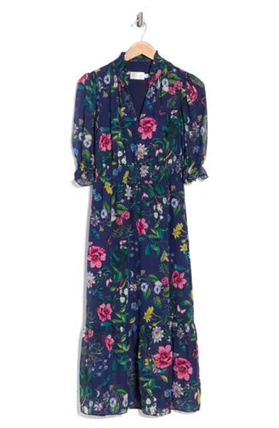 Eliza J Floral Ruffle Collar Midi Dress In Blue