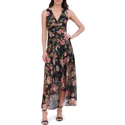 Eliza J Floral Ruffle Ruched High-low Maxi Dress In Black