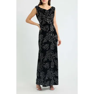 Eliza J Floral Sequin Drape Neck Velvet Gown In Black
