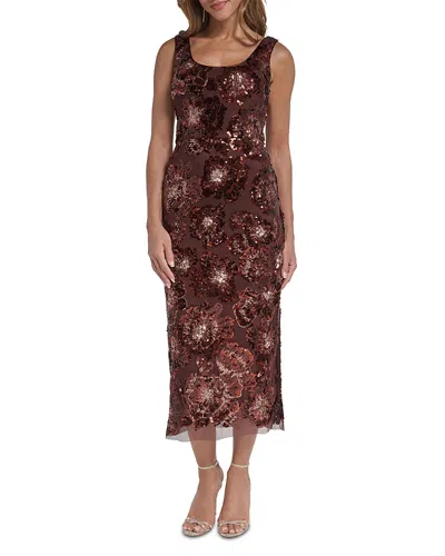 Eliza J Floral Sequin Sleeveless Midi Sheath Dress In Brown