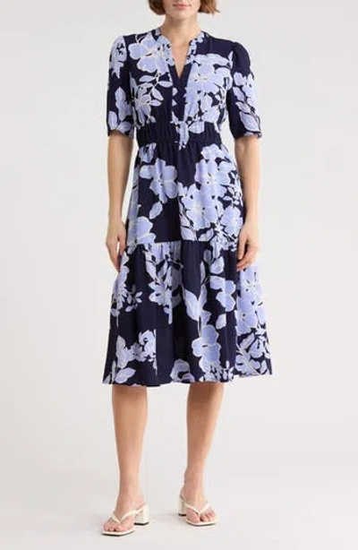 Eliza J Floral Short Sleeve Fit & Flare Midi Dress In Black