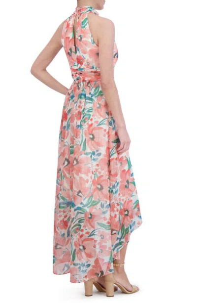 Eliza J Floral Sleeveless High-low Chiffon Gown In Coral Multi