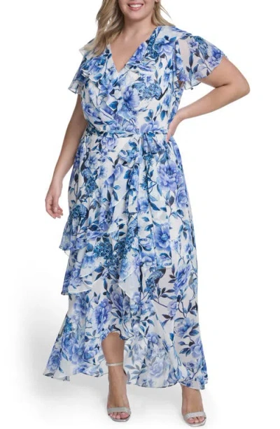 Eliza J Floral Wrap Bodice Asymmetrical Ruffle Maxi Dress In Blue
